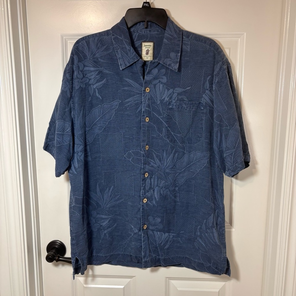 Jamaica Jaxx Mens Large Blue on Blue Tropical Hawaiian Print Silk Shirt